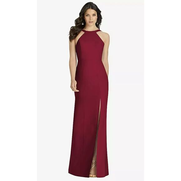 DESSY GROUP HIGH-NECK BACKLESS CREPE TRUMPET GOWN, 14R, NWT - Picture 1 of 2
